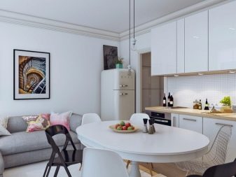 Кухня-вітальня в світлих тонах (40 фото): дизайн інтер’єру суміщених кімнат в білому і пастельних кольорах з гарнітуром. Приклади в сучасному і класичному стилях